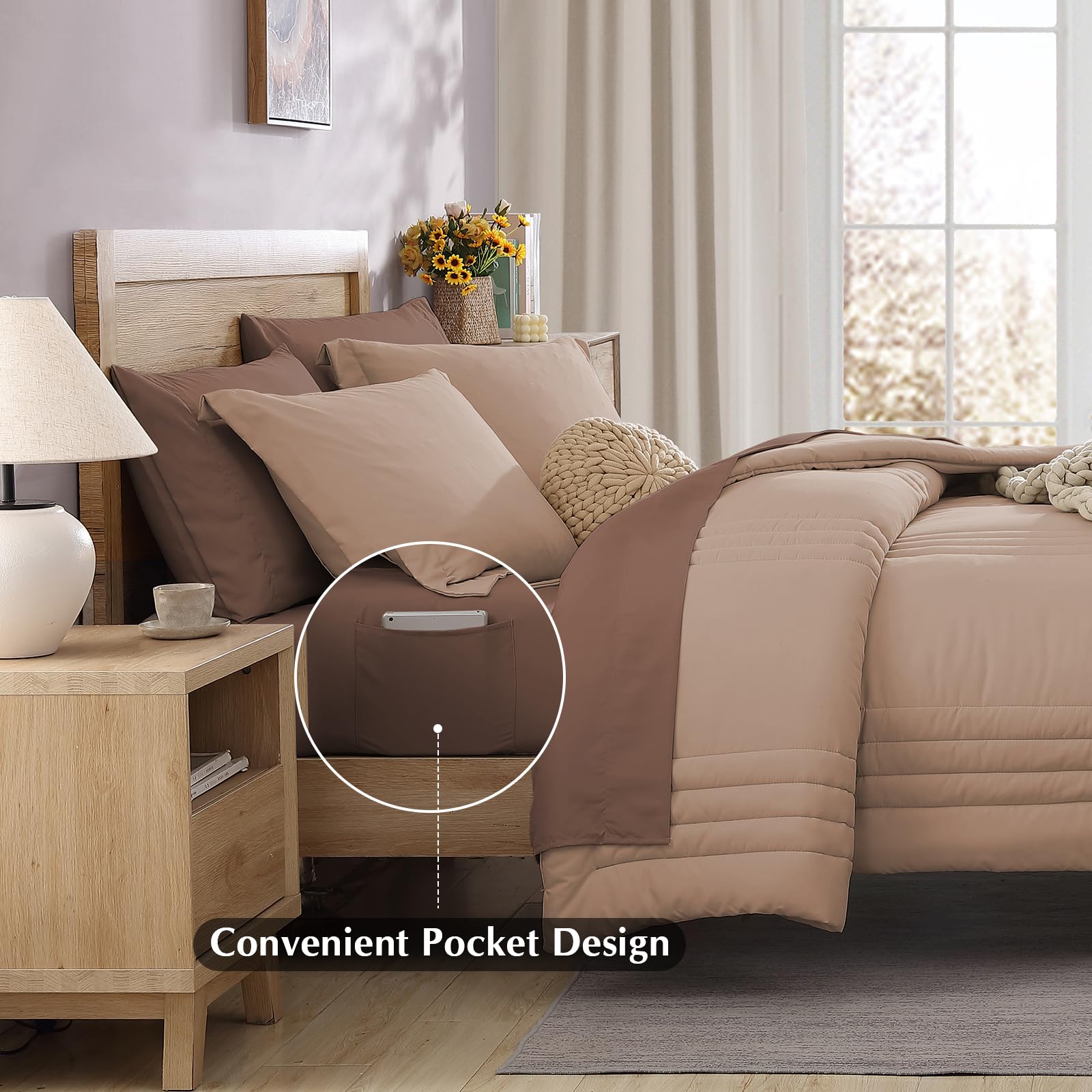 Monbix Queen Comforter Set - 7 Pieces Rust Pink Bed In A Bag Queen Bedding Sets With Comforters, All Seasons Down Alternative Co