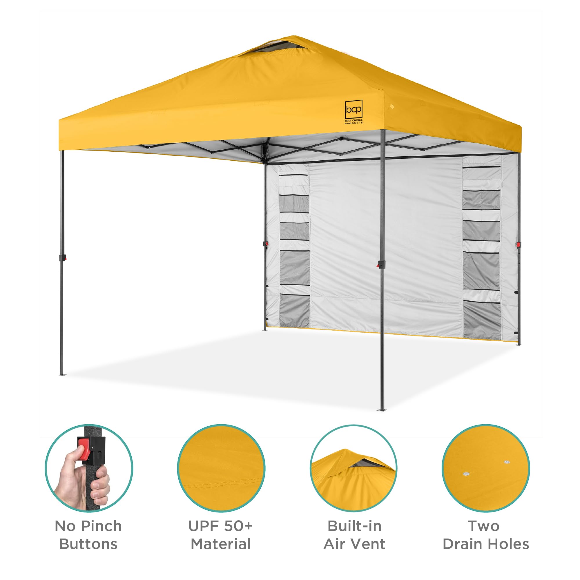 Best Choice Products 10X10Ft Easy Pop Up Canopy W/Side Wall, 10 Pockets, Portable Carrying Case, 1-Button Setup, 4 Weight Bags - Marigold