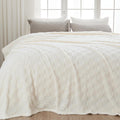 Newcosplay Super Soft Queen Blanket Ivory Premium Silky Flannel Fleece 3D Checkered Lightweight Bed Blanket All Season Use (Ivor
