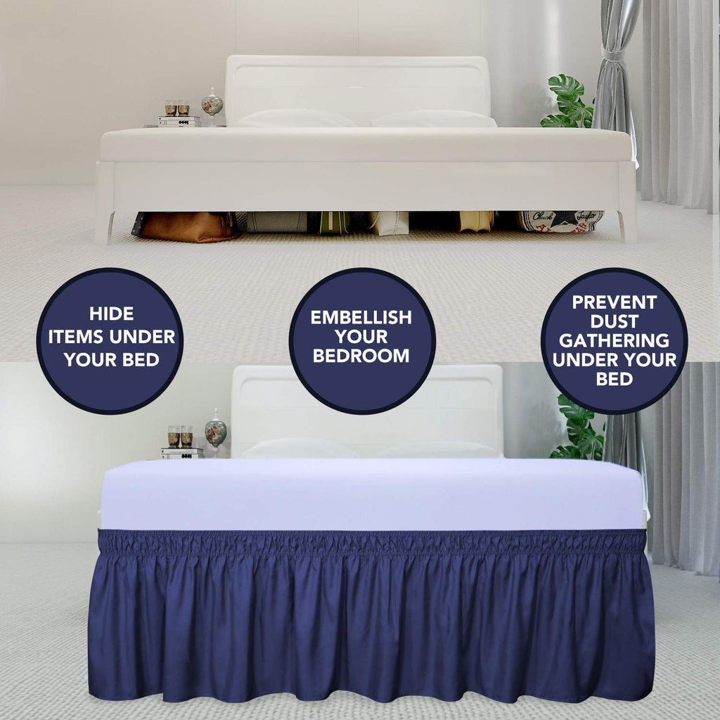 PureFit Navy Wrap Around Ruffled Bed Skirt - Adjustable Elastic Belt, 14 Drop, Easy to Install, Queen/King Size Bed Frame Cover
