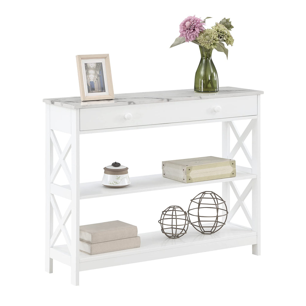 Convenience Concepts Oxford 1 Drawer Console Table With Shelves, White Faux Marble/White