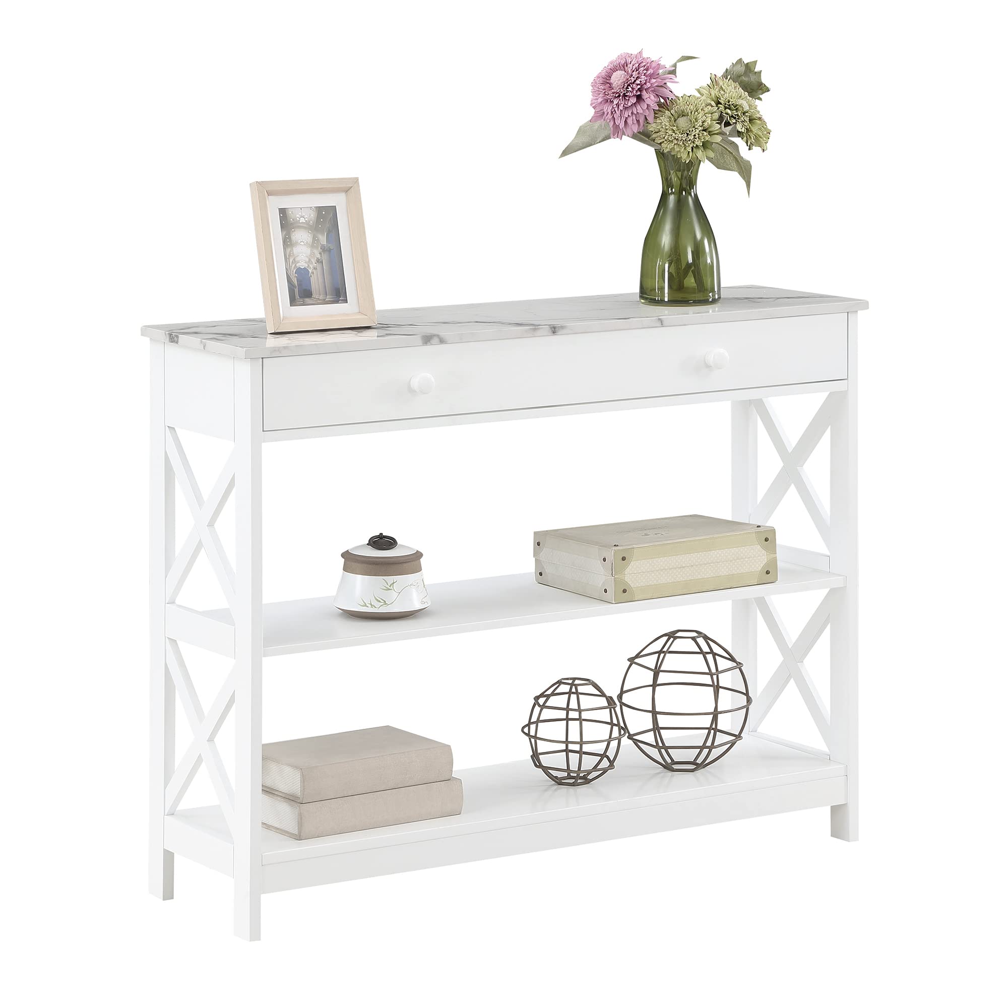 Convenience Concepts Oxford 1 Drawer Console Table With Shelves, White Faux Marble/White