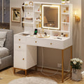 VIAgDO Makeup Vanity with Lights, Desk Openable Mirror & 3-color Dimmable, White Table charging Station, Visual Drawer, Hooks, H