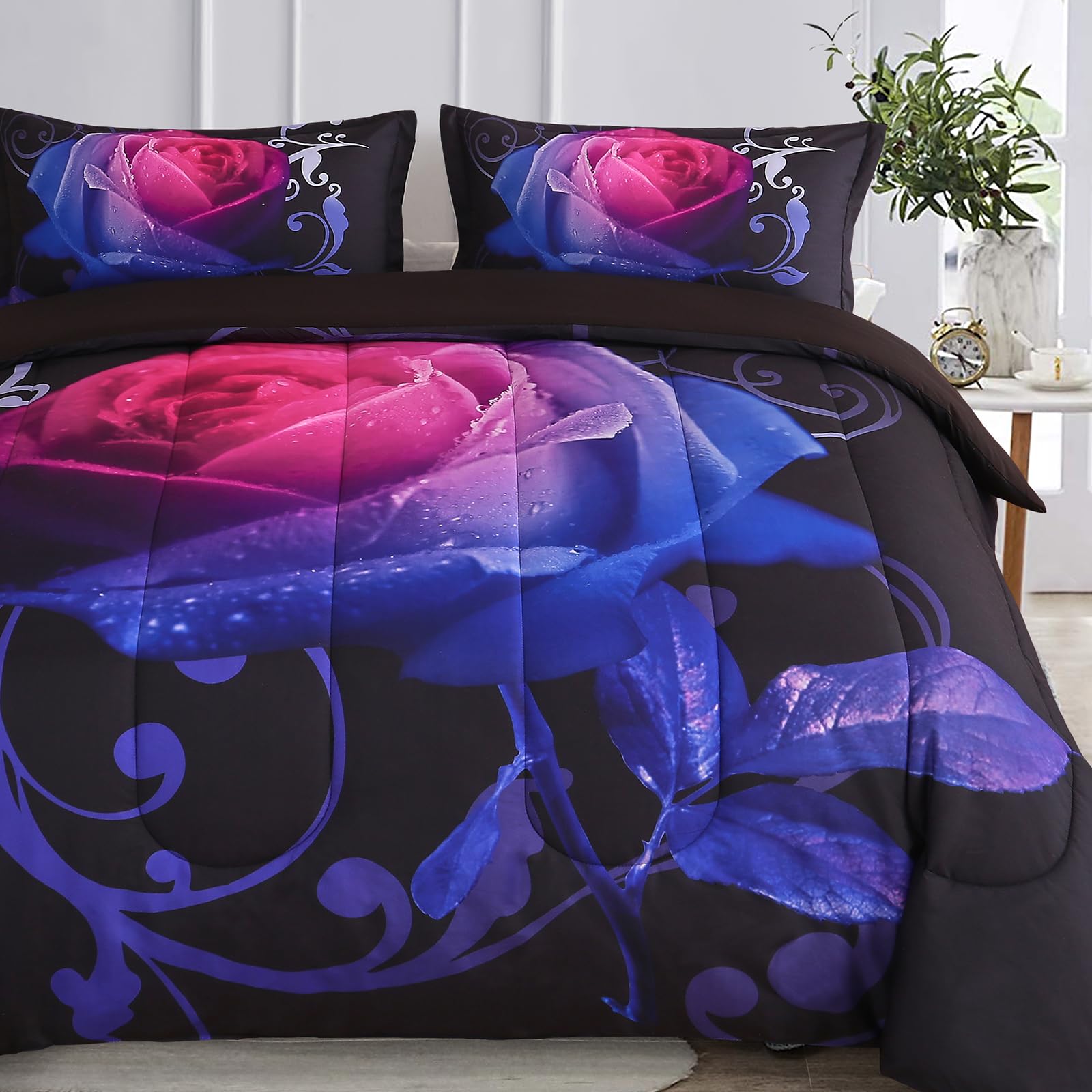 Wongs Bedding Gradient Rose Comforter Set King Valentine'S Day Reversible Pink & Blue Rose Pattern Printed Bedding Comforter Set