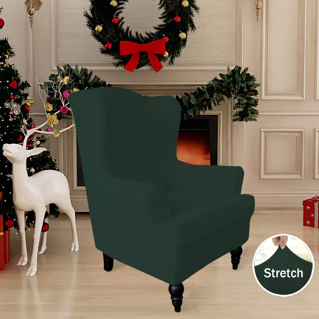 Easy-Going Wingback Chair Slipcover, Polyester Spandex Jacquard, Dark Green, Small Checks, Fits Seat Width 20-30 inches