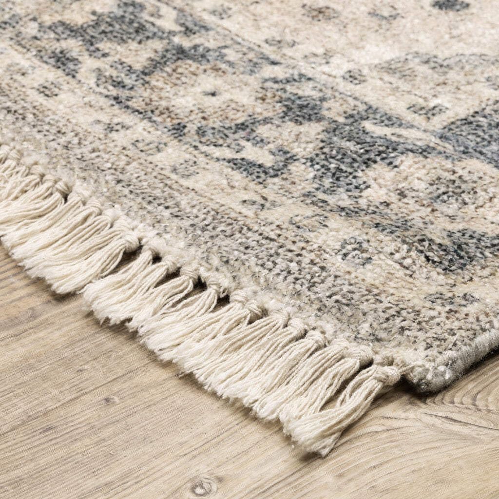 HomeRoots 509472 8 x 10 ft. Beige & Gray Oriental Hand Loomed Stain Resistant Rectangle Area Rug with Fringe