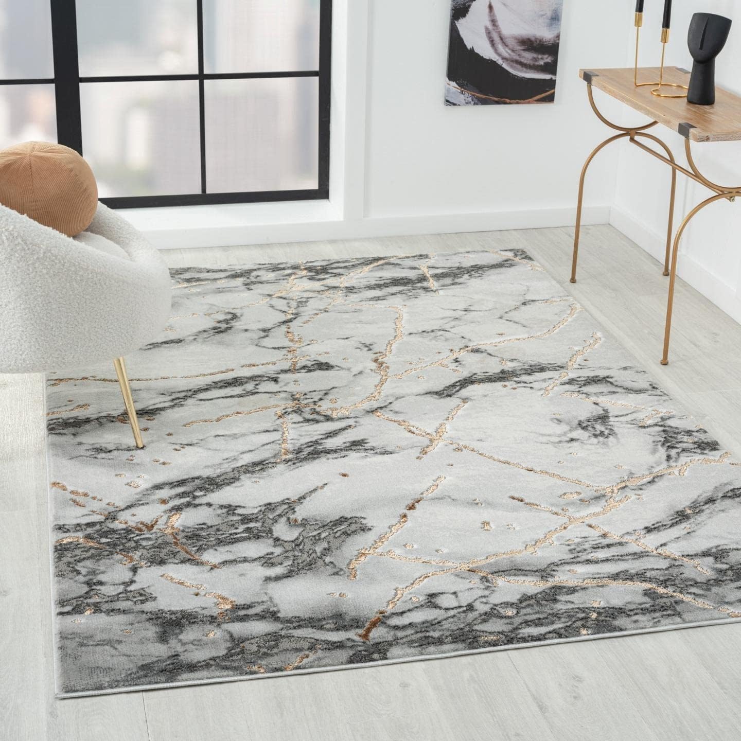 LUXE WEAVERS Ivory Gold 4x5 Marble Abstract Area Rug