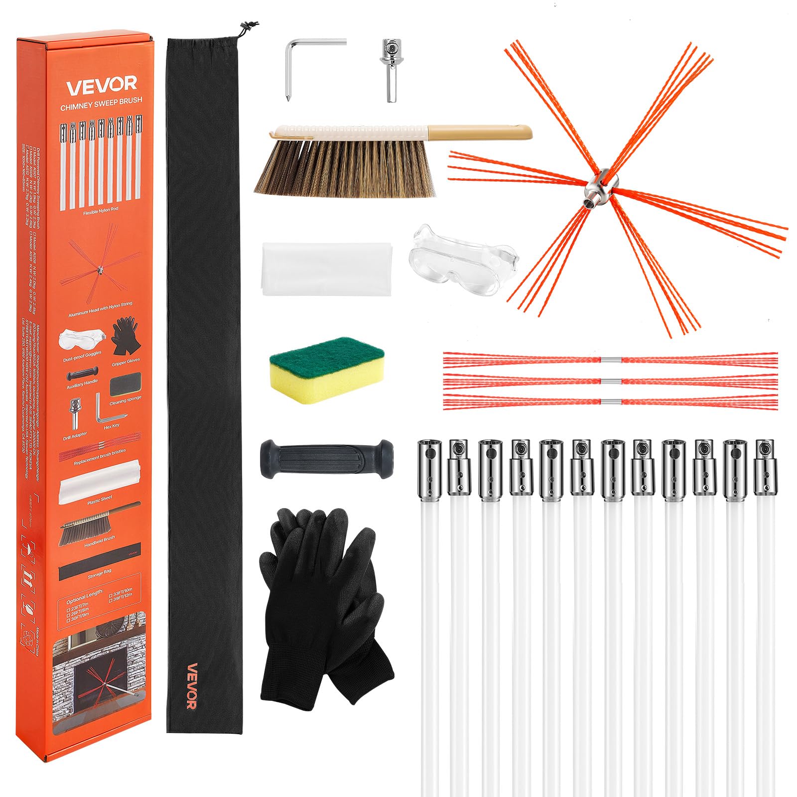 VEVOR Chimney Sweep Kit, 39 ft Maximum Extendable Length Chimney Sweep, Chimneys Cleaning Kit with Bristle Replacements & Goggle
