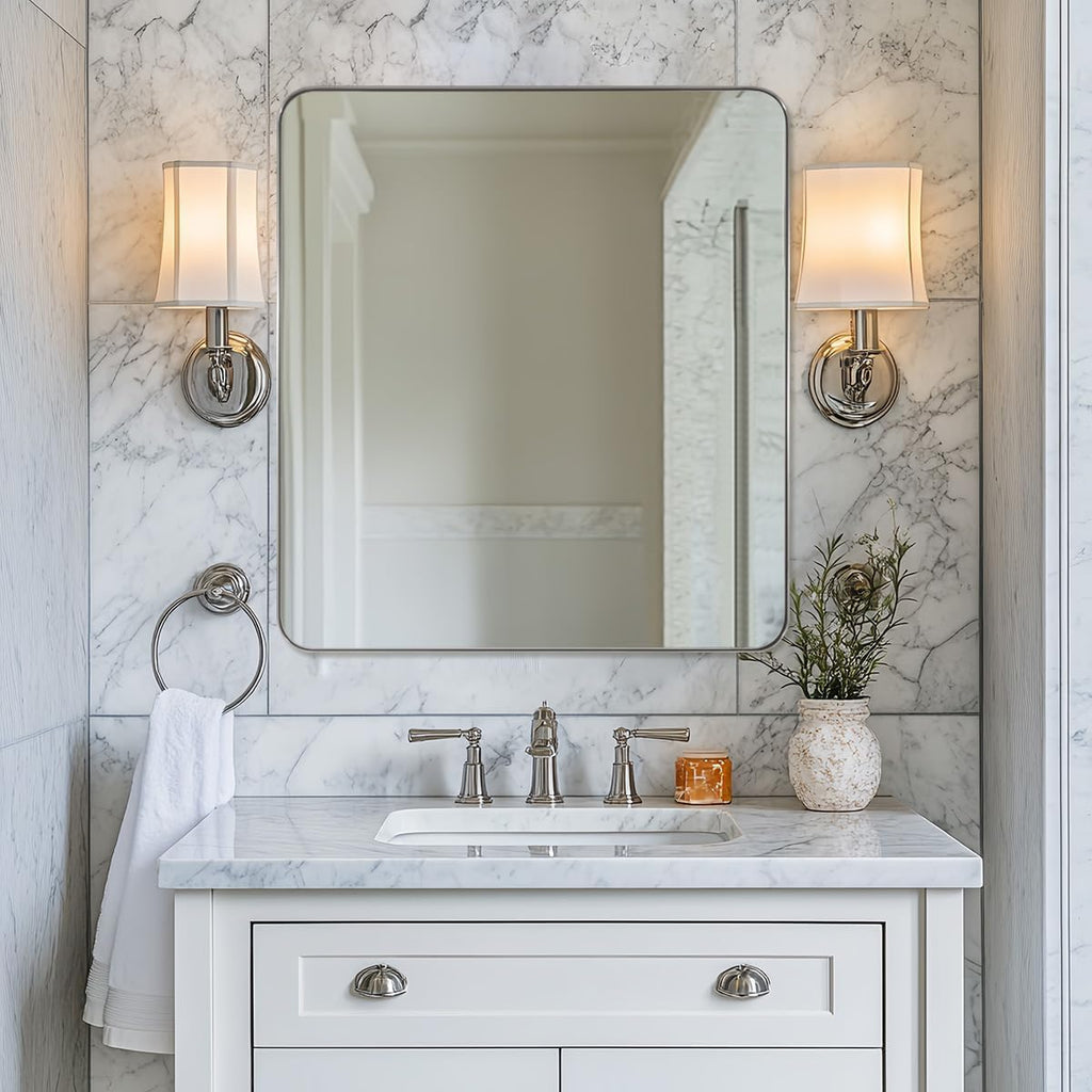 Andy Star Chrome Bathroom Mirror, 24   X40    Polished Nickel Rounded Corner Rectangle Mirror, Modern Metal Frame Bathroom Vanit