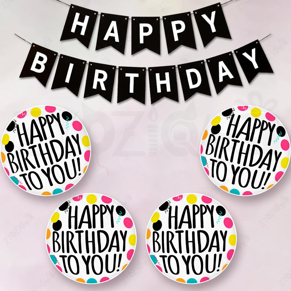 Zyozique Happy Birthday Decoration Combo Pack of 5 | 1 Happy Birthday Paper Banner & Round Happy Birthday CardStock Cutouts | Bi