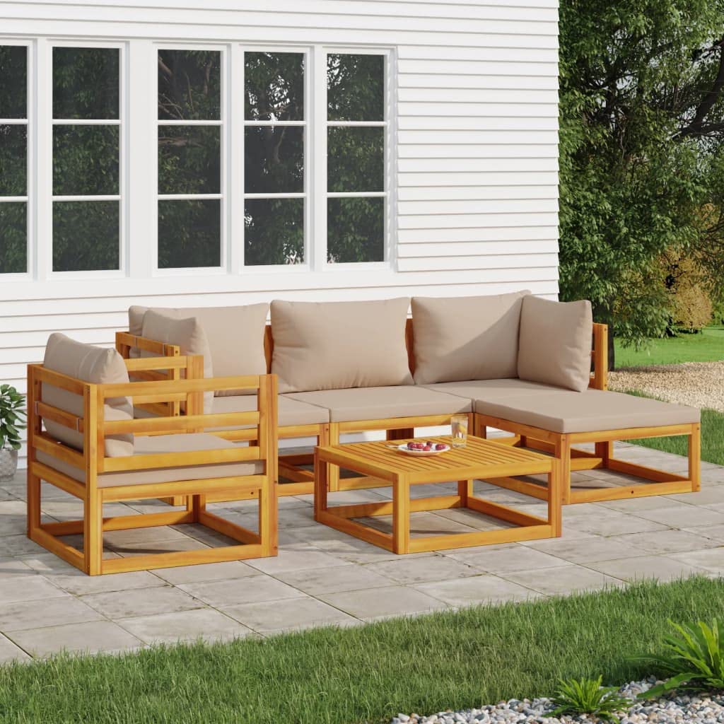 vidaXL 6 Piece Solid Acacia Wood Patio Lounge Set with Taupe Cushions – Outdoor Modular Garden Furniture Set with Sofas, Chair, Footrest, and Table