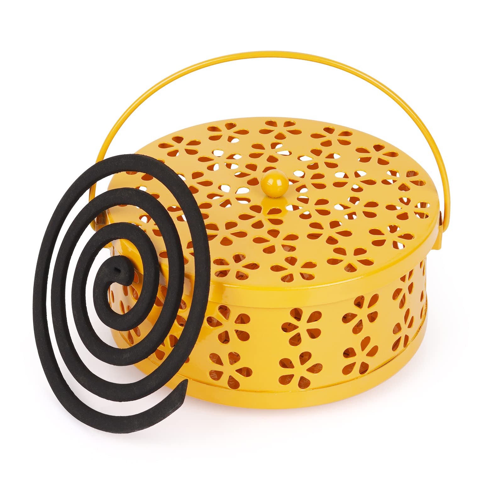 Whiidoom Retro Portable Iron Mosquito Coil Holder with Handle Round Fireproof Incense Holder (Yellow)