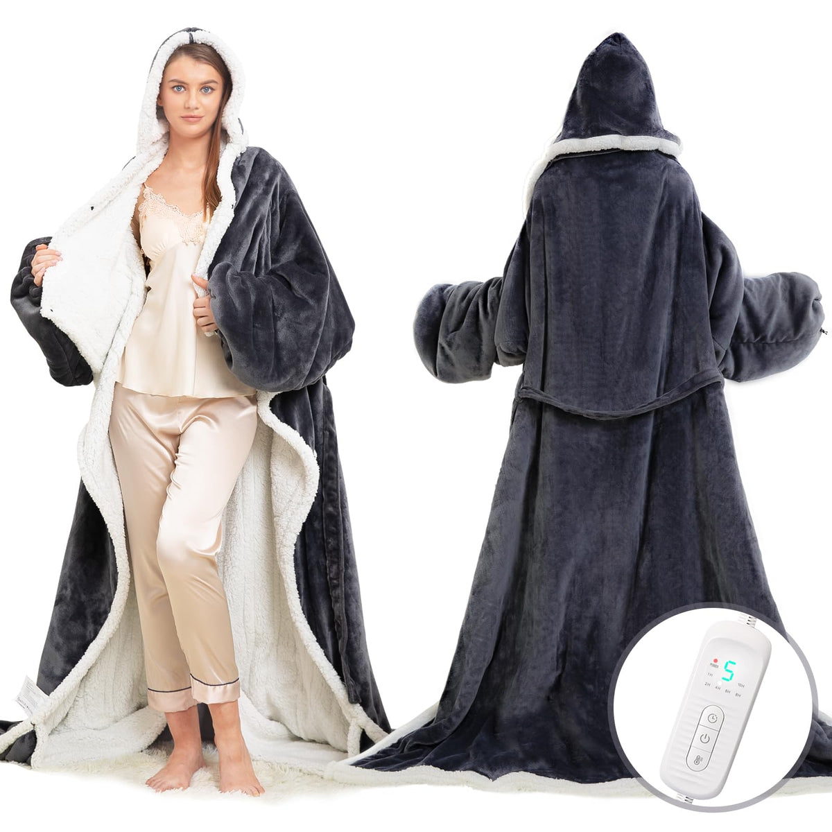 Dueelala Wearable Heated Blanket, Grey Sherpa Electric Throw, 50*70", with Foot Pocket & 8 Heat Settings