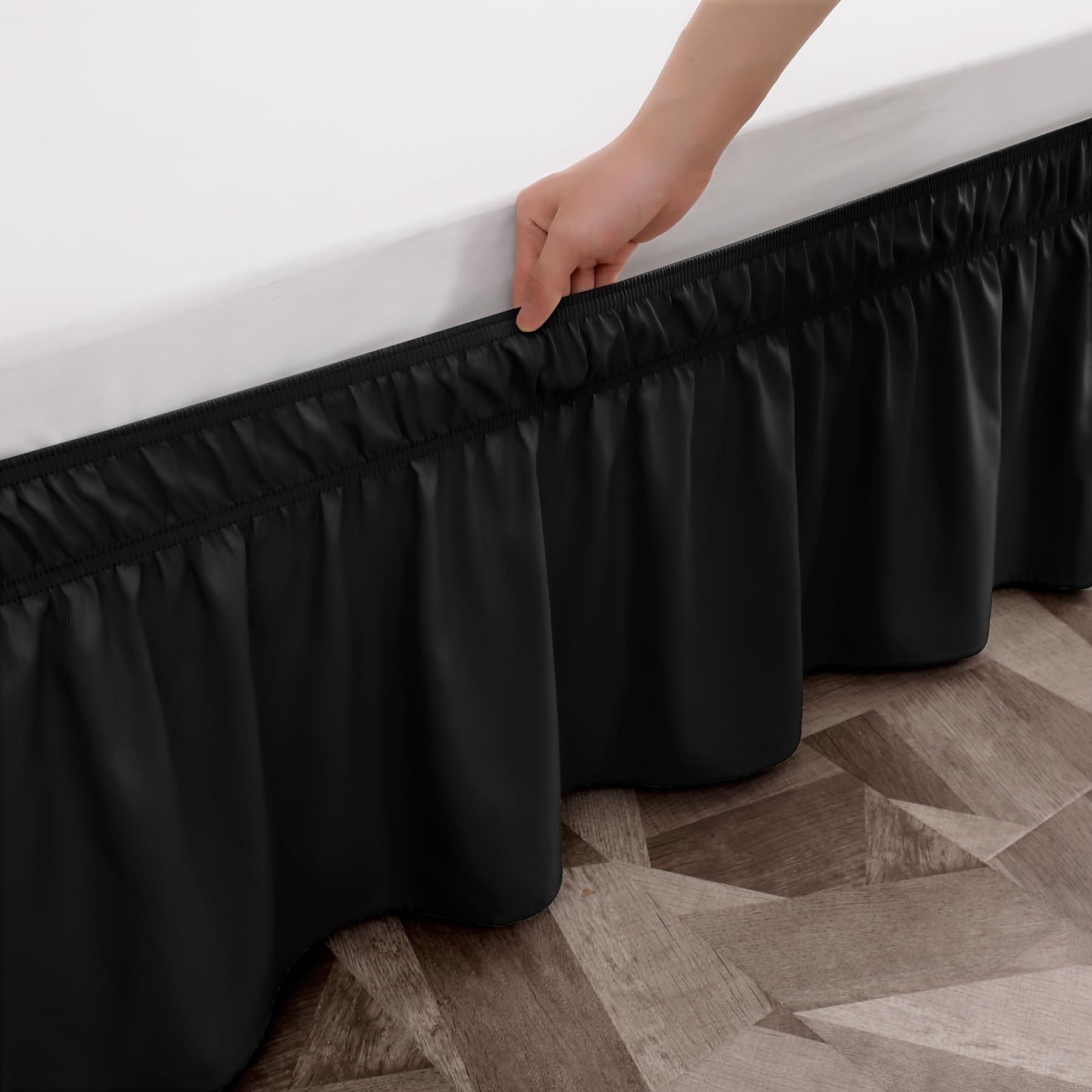 Toodou Easy To Install Wrap Around Bed Skirt Three Fabric Sides Elastic Dust Ruffled 16 Inch Tailored Drop, Fade Resistant-Black