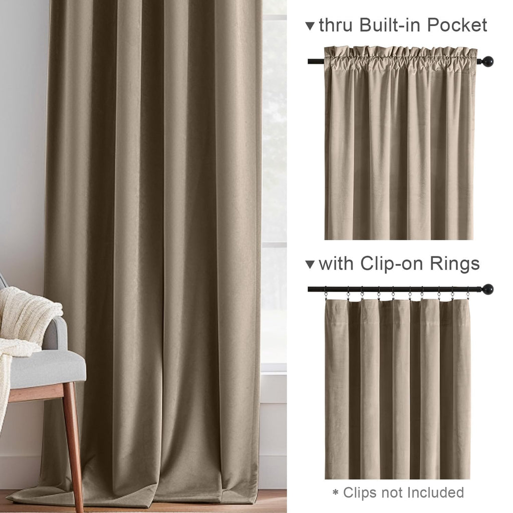 Lazzzy Tan Velvet Curtains Room Darkening Thermal Insulated Curtains 108 Inch Length Soundproof Noise Reducing Drapes For Bedroom Living Privacy Home Decor Rod Pocket, 2 Panels