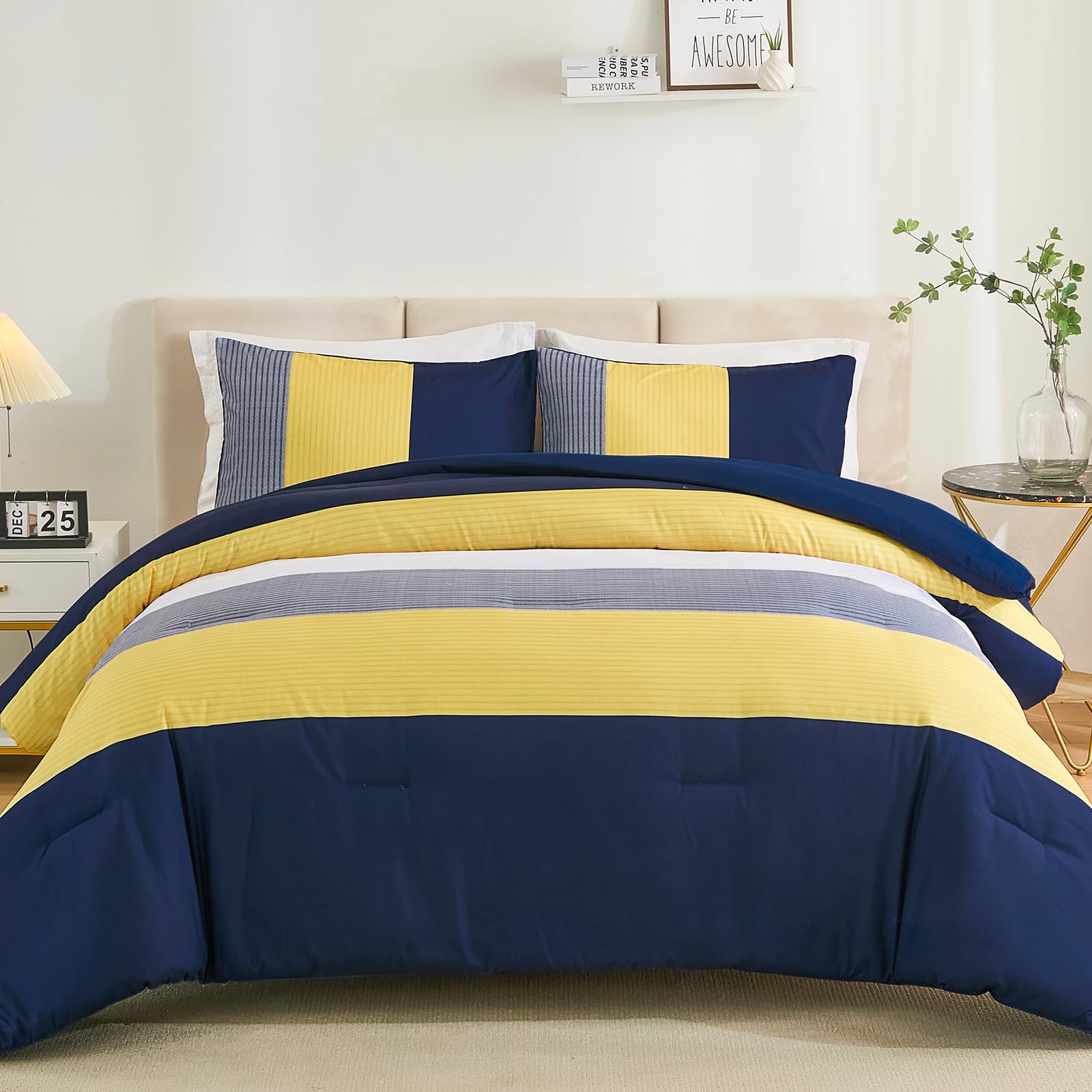 Wongs Bedding Comforter Set Queen, Reversible Blue Striped Patchwork Down Alternative Comforter For Queen Bed,3 Pieces (1 Comfor