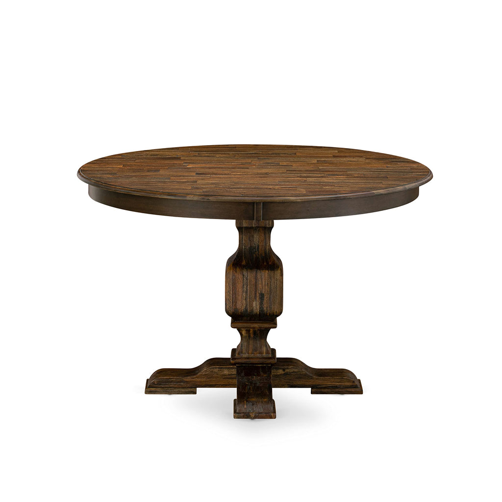 East West Furniture F3AB7-747 7 Piece Modern Dining Table Set Consist of a Round Wooden Table with Pedestal and 6 Light Sable Linen Fabric Parsons Dining Chairs, 48x48 Inch, Distressed Jacobean