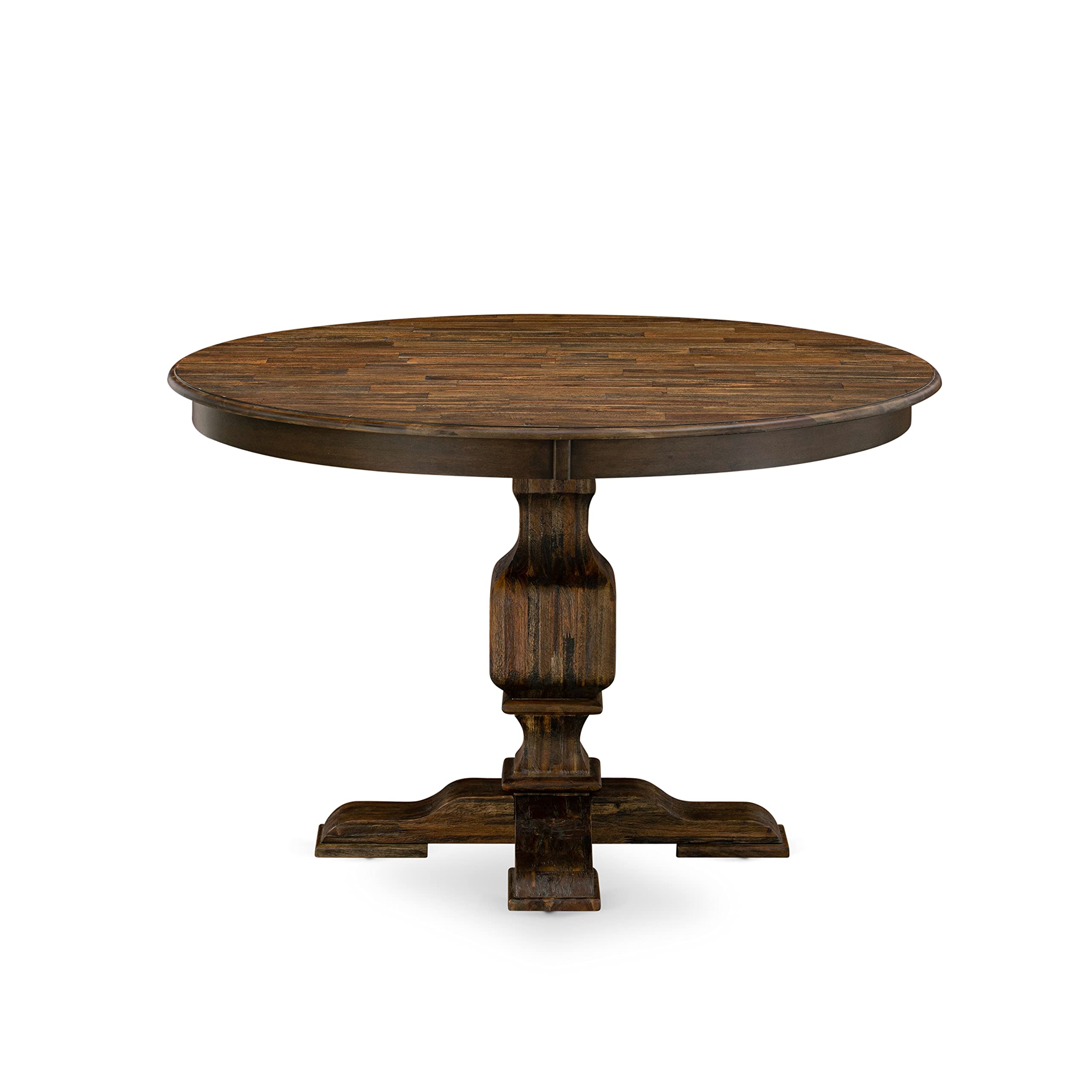 East West Furniture F3AB7-747 7 Piece Modern Dining Table Set Consist of a Round Wooden Table with Pedestal and 6 Light Sable Linen Fabric Parsons Dining Chairs, 48x48 Inch, Distressed Jacobean