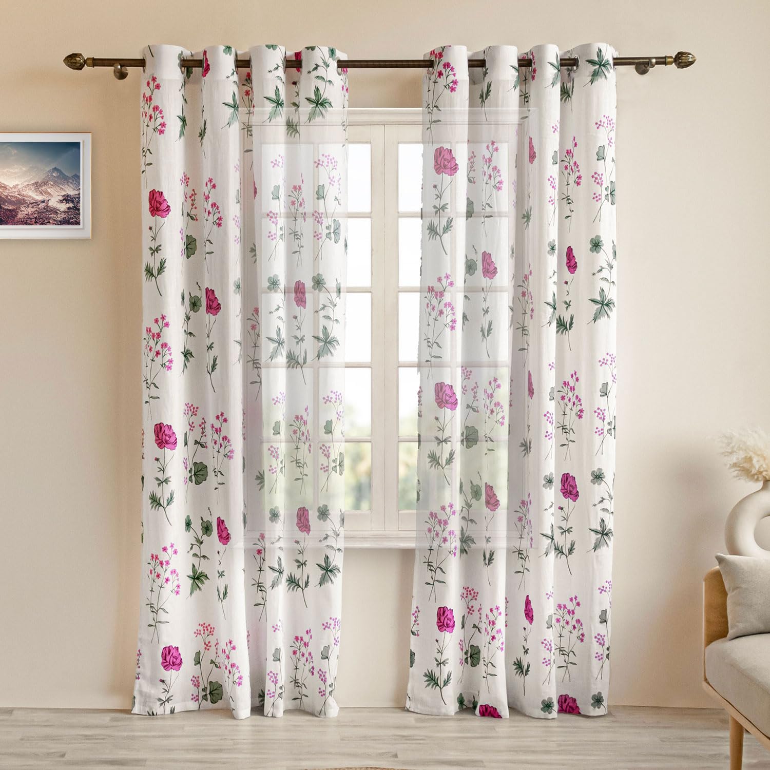 Homemonde Faux Linen Sheer Long Door Curtain 10 Feet  Transparent Curtain Set Of 4 Floral Printed, Hangs With Eyelets  (L 10Ft