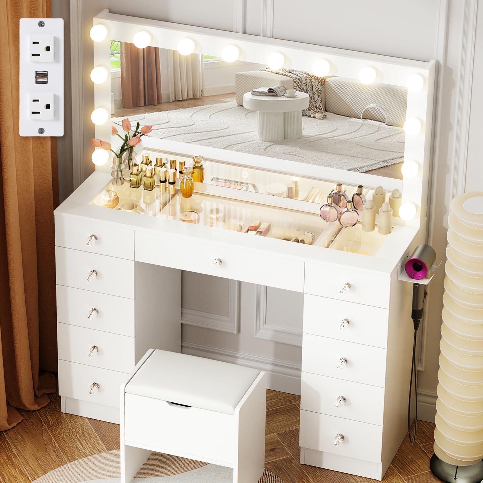 VOWNER Vanity with Lighted Mirror - Makeup Vanity Desk with Glass Top and 11 Drawers, 3 Color Lighting Modes Adjustable Brightne