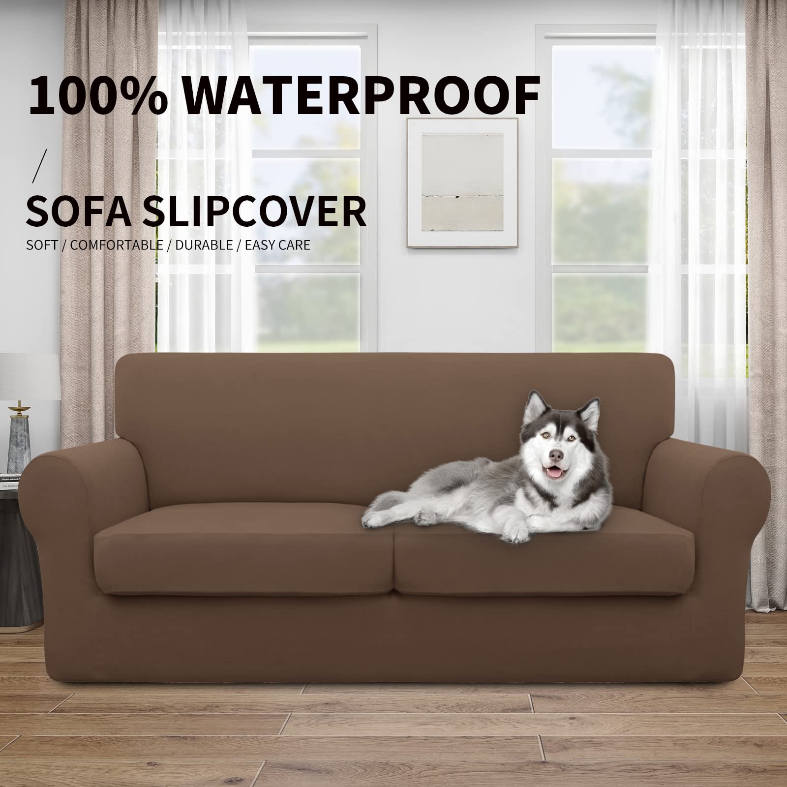 Easy-Going 100% Dual Waterproof Oversized Loveseat Cover Stretch Soft Couch Cover For Dogs, Sofa Slipcover For 2 Separate Cushion Couch Leakproof Furniture Protector For Kids, Pets Brown