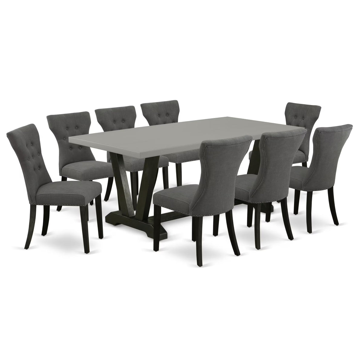 East West Furniture V697Ga650-9 9 Piece Modern Dining Table Set Includes A Rectangle Wooden Table With V-Legs And 8 Dark Gotham Linen Fabric Upholstered Chairs, 40X72 Inch, Multi-Color