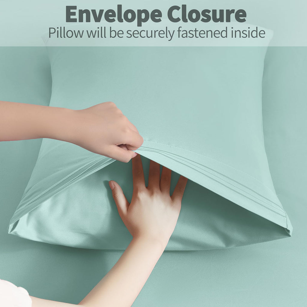Horbaunal 2 Pack Microfiber Pillowcases King Size Mint Green Bed Pillow Cases With Envelope Closure, 1800 Thread Count Soft & Sh