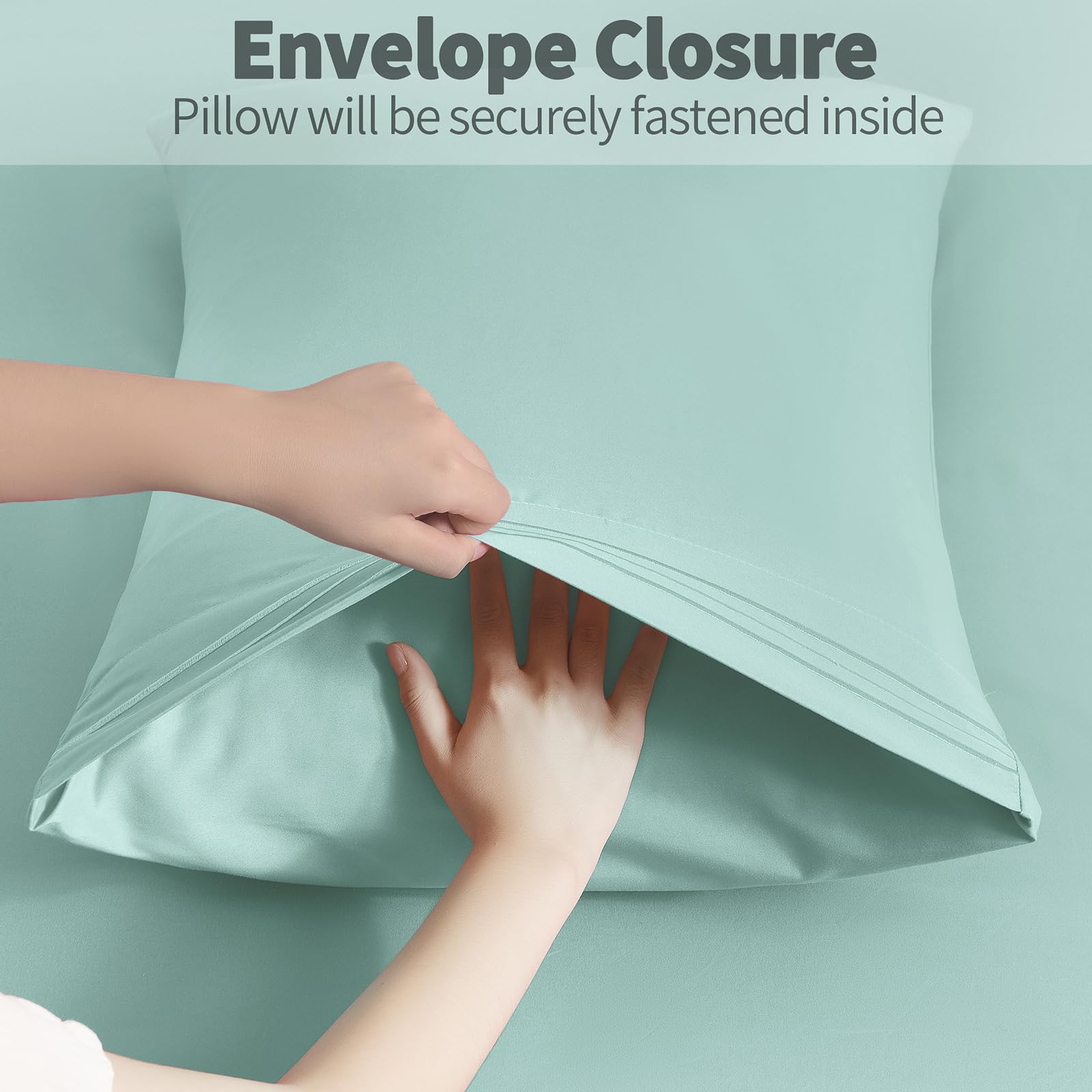 Horbaunal 2 Pack Microfiber Pillowcases King Size Mint Green Bed Pillow Cases With Envelope Closure, 1800 Thread Count Soft & Sh