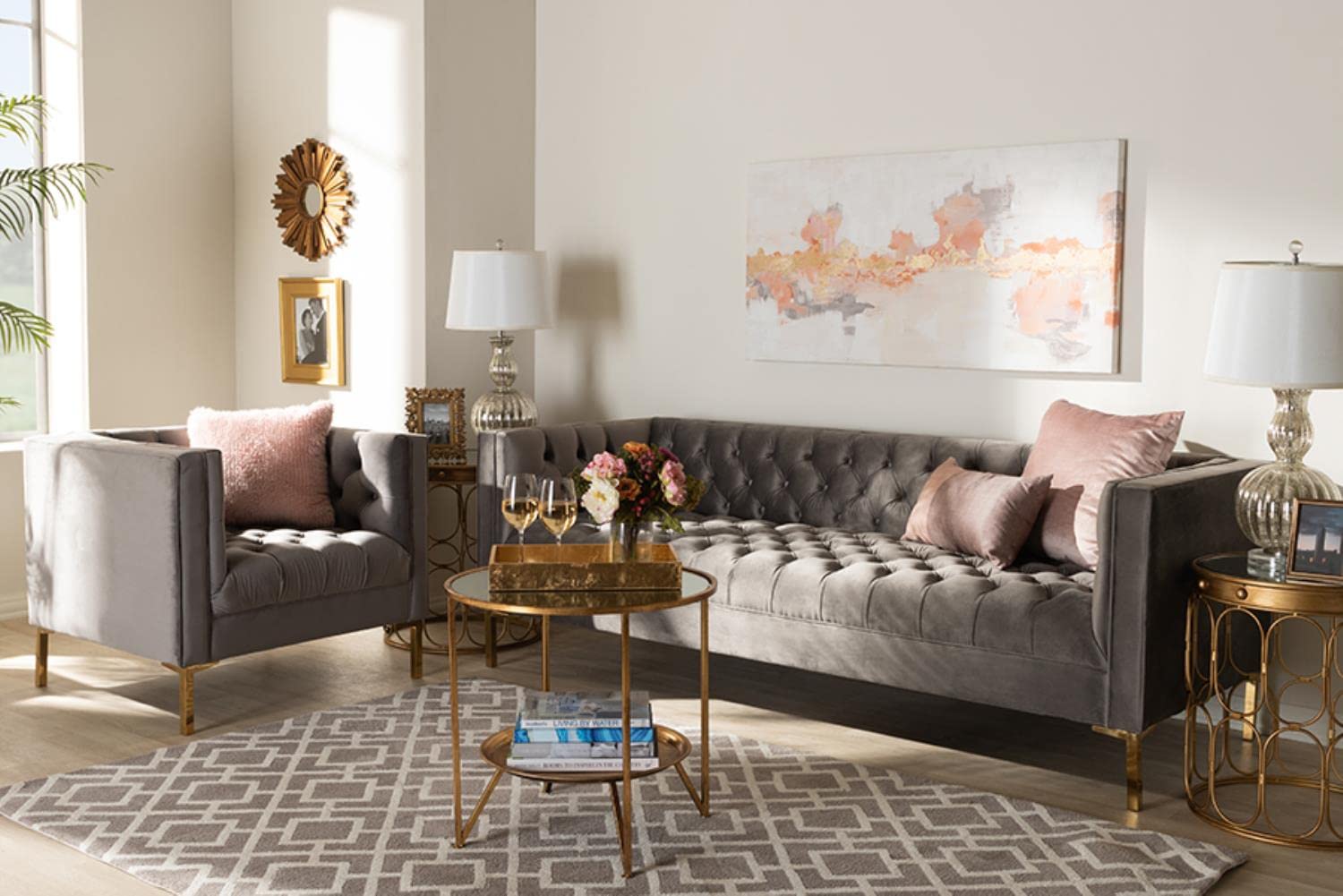 Baxton Studio Zanetta Gray Velvet 2-Piece Sofa and Lounge Chair Set