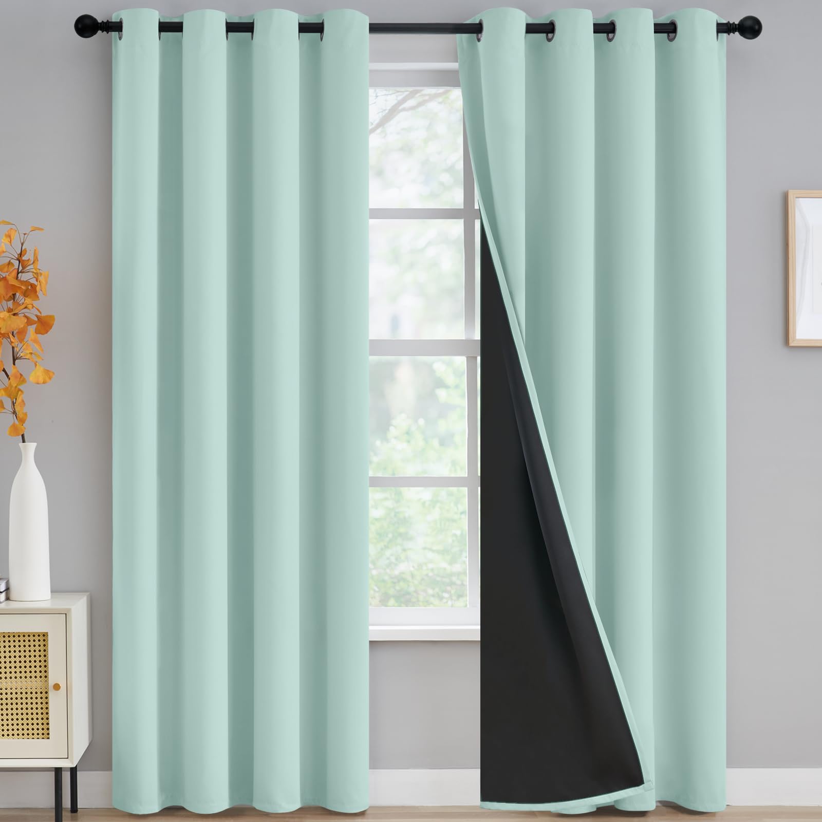 Yakamok 100% Blackout Curtains For Bedroom 96 Inch Length, Total Light Blocking Drapes With Black Backing, Thermal Insulated Sol