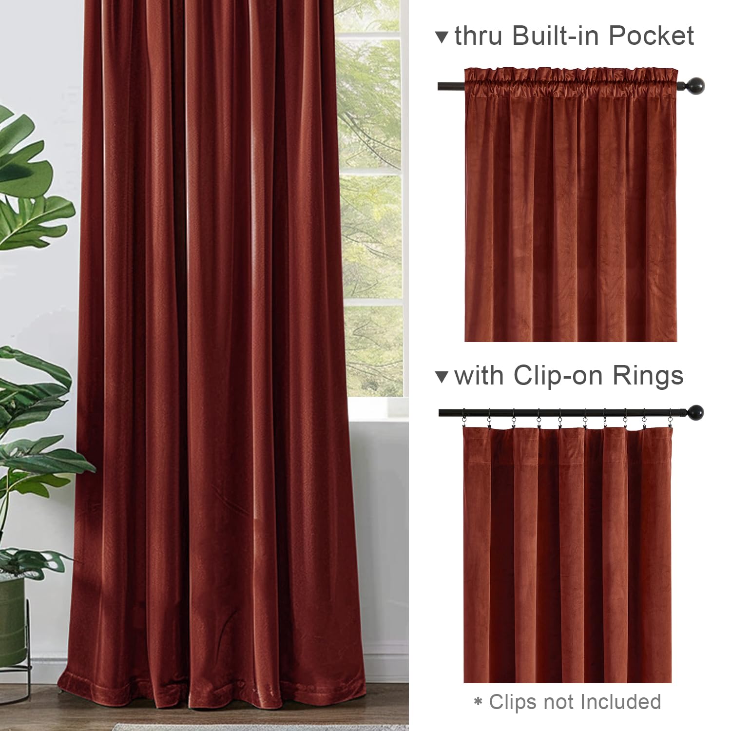 Lazzzy Orange Velvet Curtains Room Darkening Thermal Insulated Curtains 63 Inch Long Window Drapes For Bedroom Living Room Super Soft Luxury Rod Pocketwindow Treatment 2 Panels, Rust Red