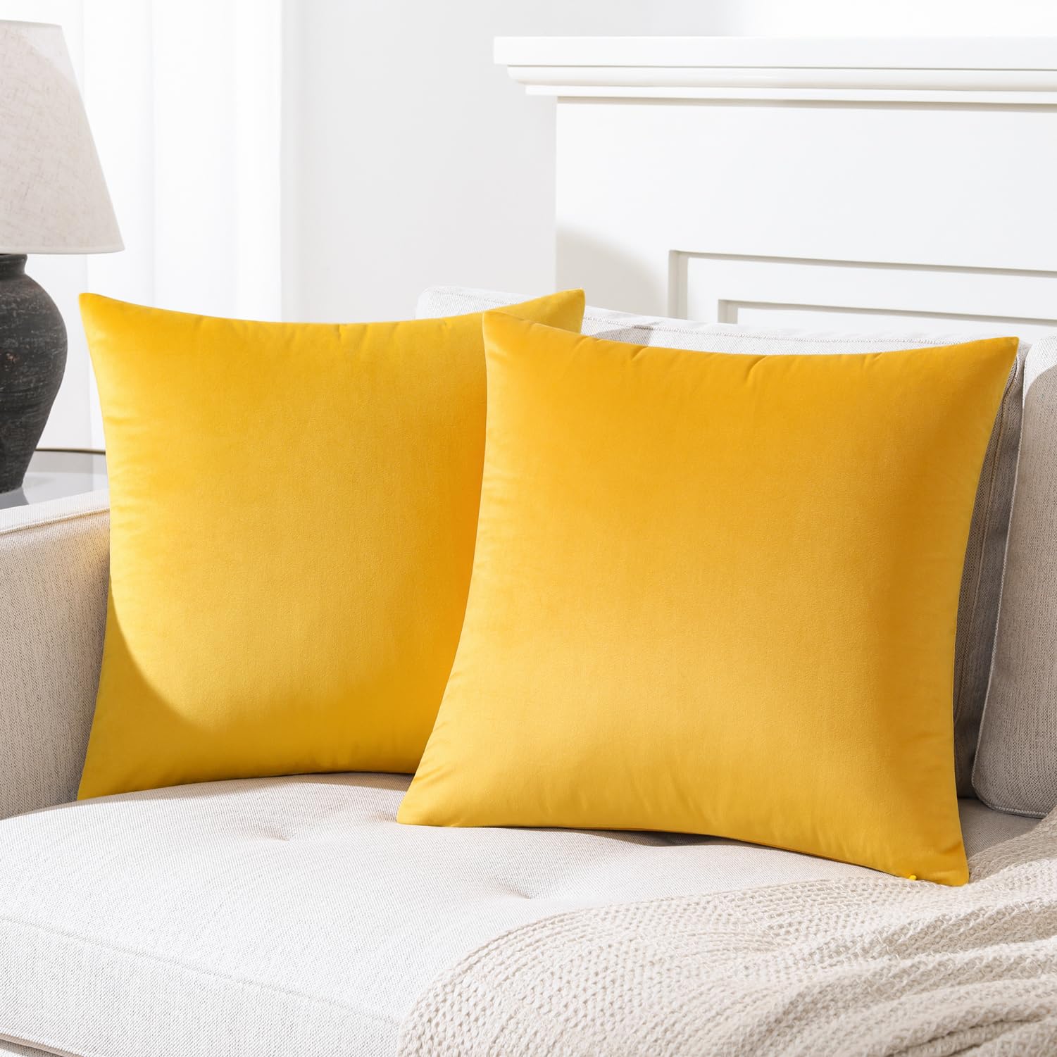 Mixhug Decorative Throw Pillow Covers, Velvet Cushion Covers, Solid Throw Pillow Cases For Couch And Bed Pillows, Mustard Yellow