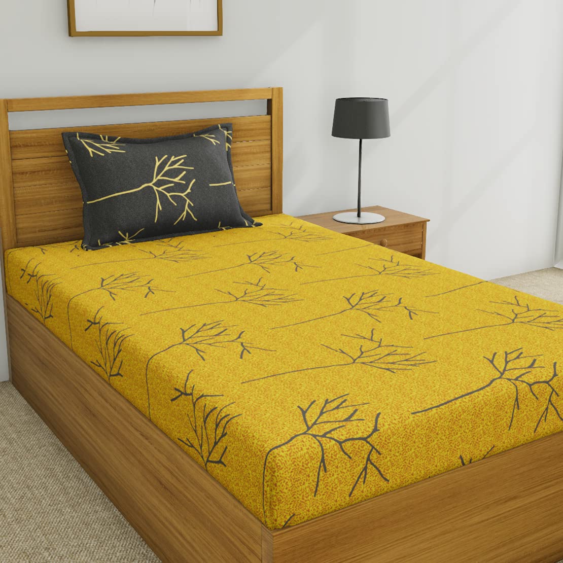 Huesland By Ahmedabad Cotton 144 Tc Cotton Single Bedsheet With 1 Pillow Cover  Yellow And Grey