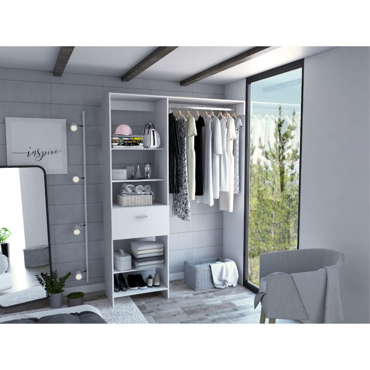 Dynamic 150 Closet System, 5 Open Shelves, 1 Drawer, 1 Metal Rod, White