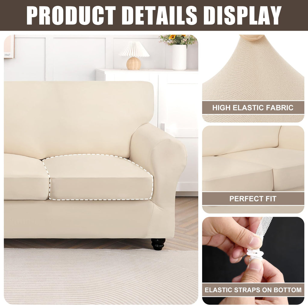 Searchi Stretch Sofa Cover Couch Cover, 3 Pieces Loveseat Slipcover With 2 Separate Cushion Cover, Washable Furniture Protector For Living Room(Loveseat, Silver Beige)