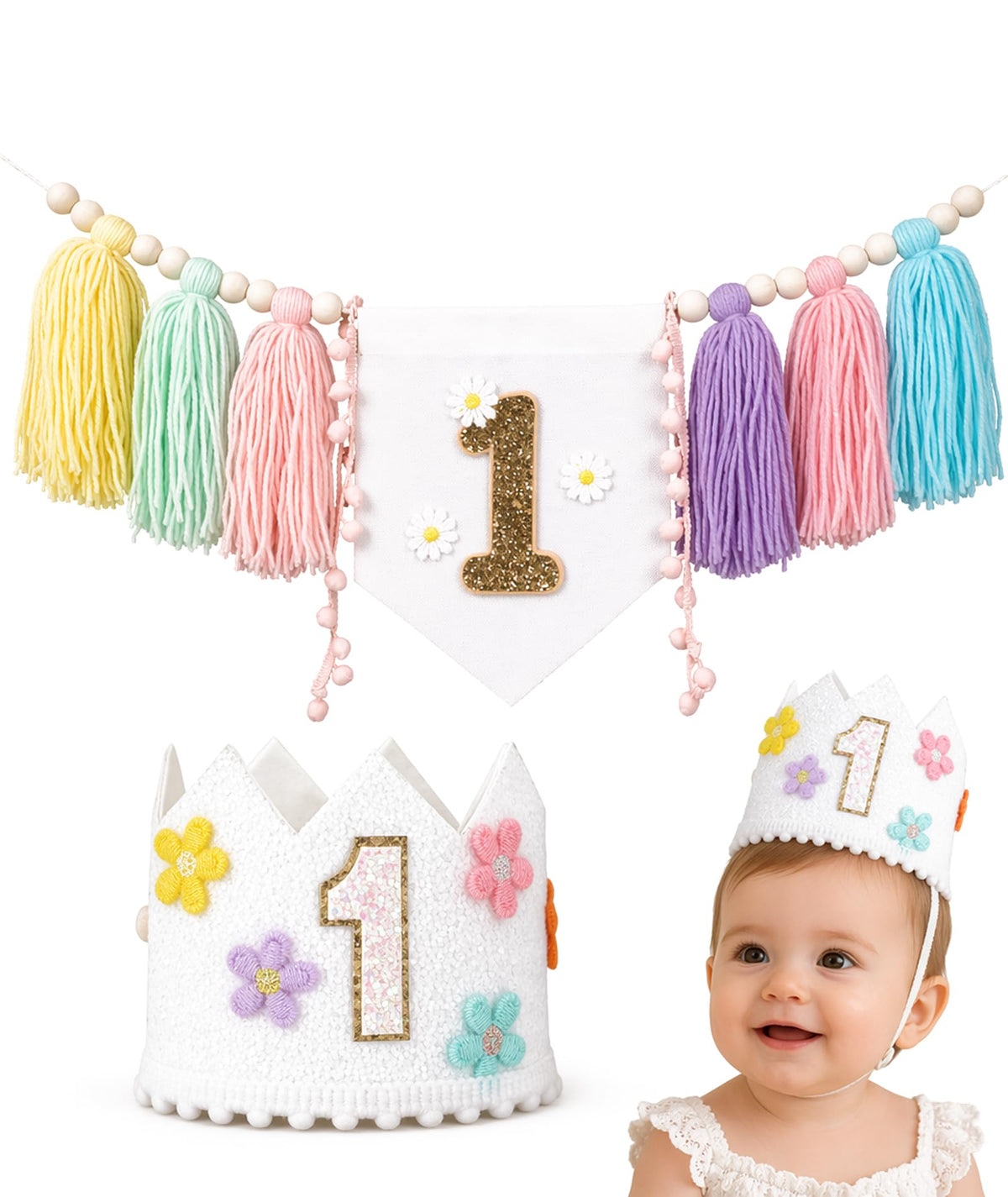 First Birthday Decoration Sets, Boho 1st Highchair Banner And Birthday Cap