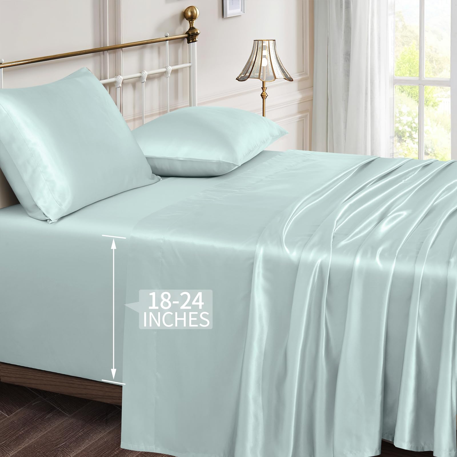 Vonty Satin Sheets Extra Deep Pocket Queen Sheet Sets - Cooling & Silky Satin Queen Size Sheets with 18-24 Inch Deep Pocket, Ice