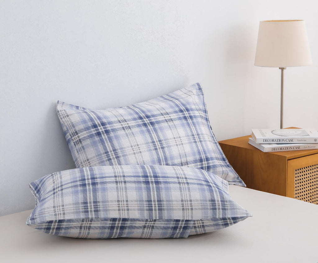 Sleepbella Blue White Plaid Duvet Cover Set, 100% Cotton Bedding, Buffalo Grid Geometric Checker Pattern, With Button Closure (3