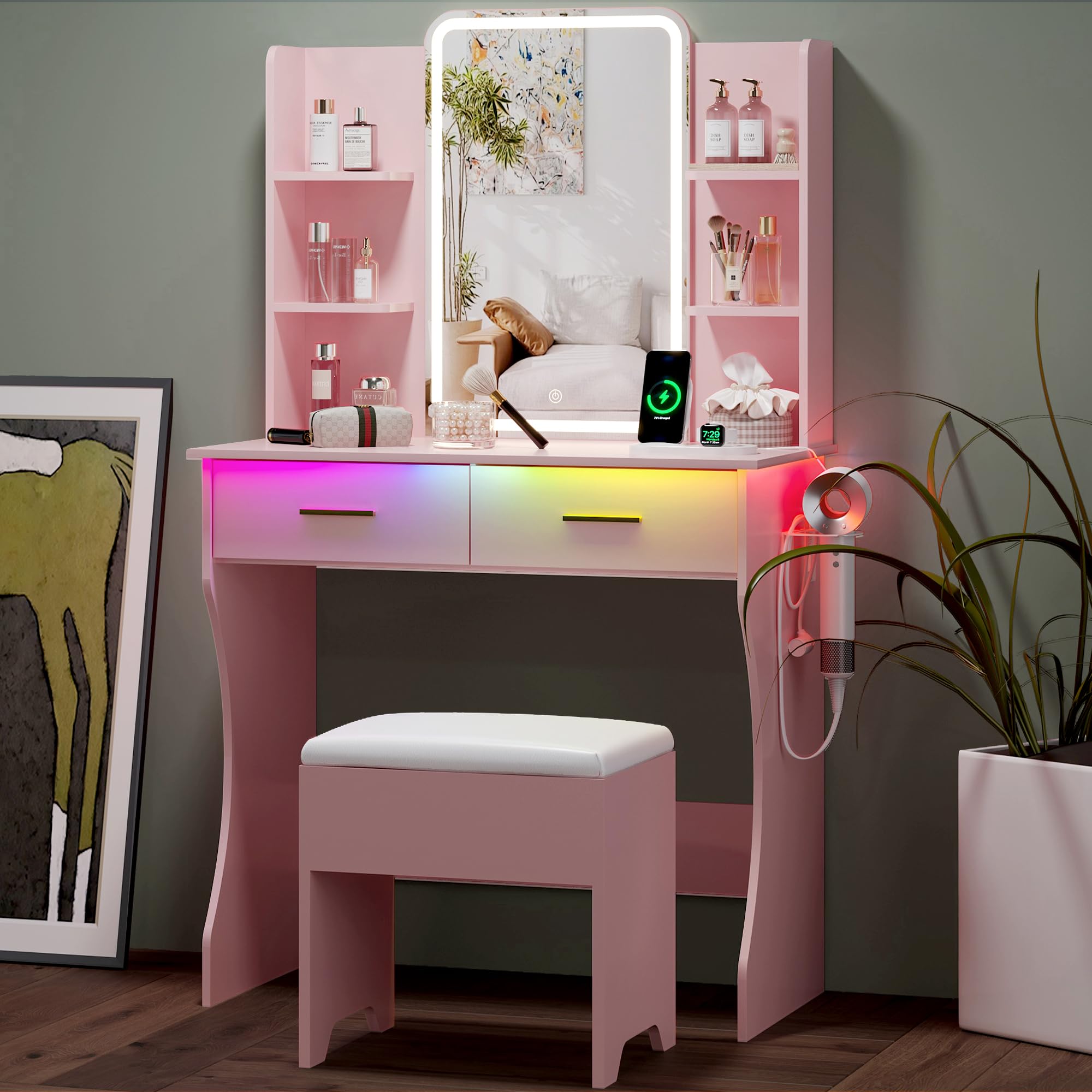 Small Vanity Desk with Mirror and Lights, Makeup Vanity with LED Lights, Pink Vanity Mirror with Lighted Desk and Chair, 3 Light