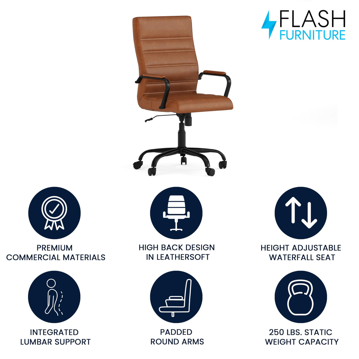Flash Furniture Whitney High-Back Swivel LeatherSoft Desk Chair with Padded Seat and Armrests, Adjustable Height Padded LeatherSoft Office Chair, Brown/Black Gold