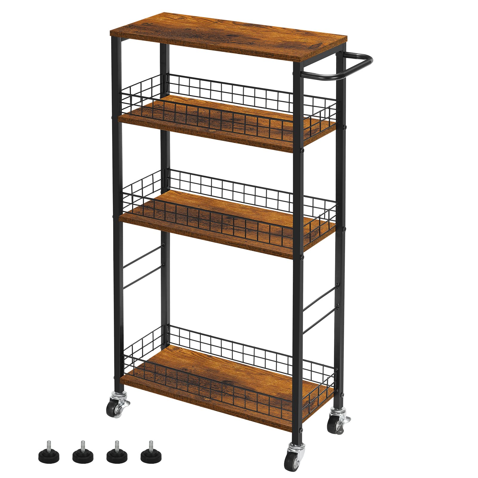 YBING Slim Storage Cart 4 Tier Kitchen Rolling Cart on Wheels Mobile Narrow Cart with Wooden Tabletop Slide Out Utility Cart for