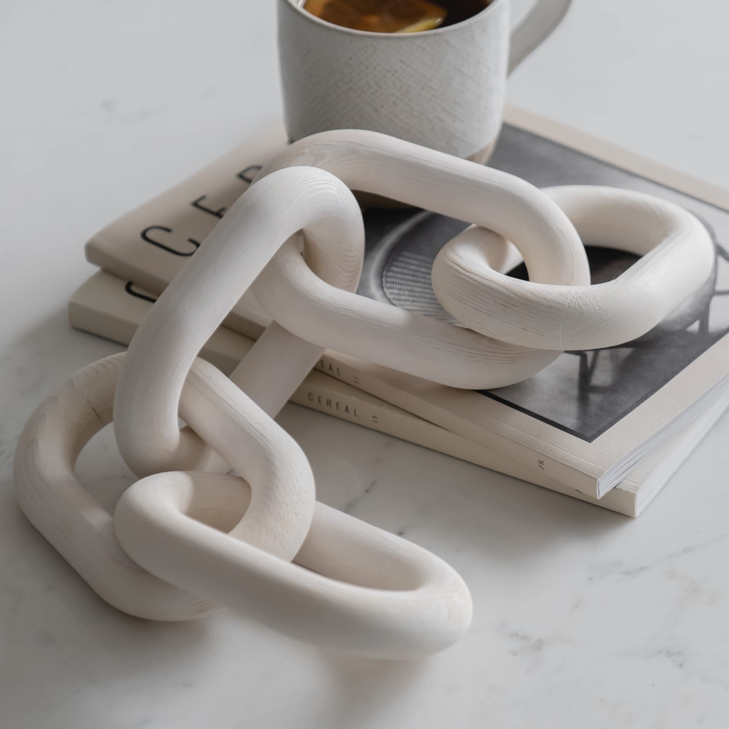 PEAKOLY Wood Chain Link Decor - Rustic White Washed Decorative Chain, Coffee Table Decor, Book Shelf Decor Accents, Made from Pi