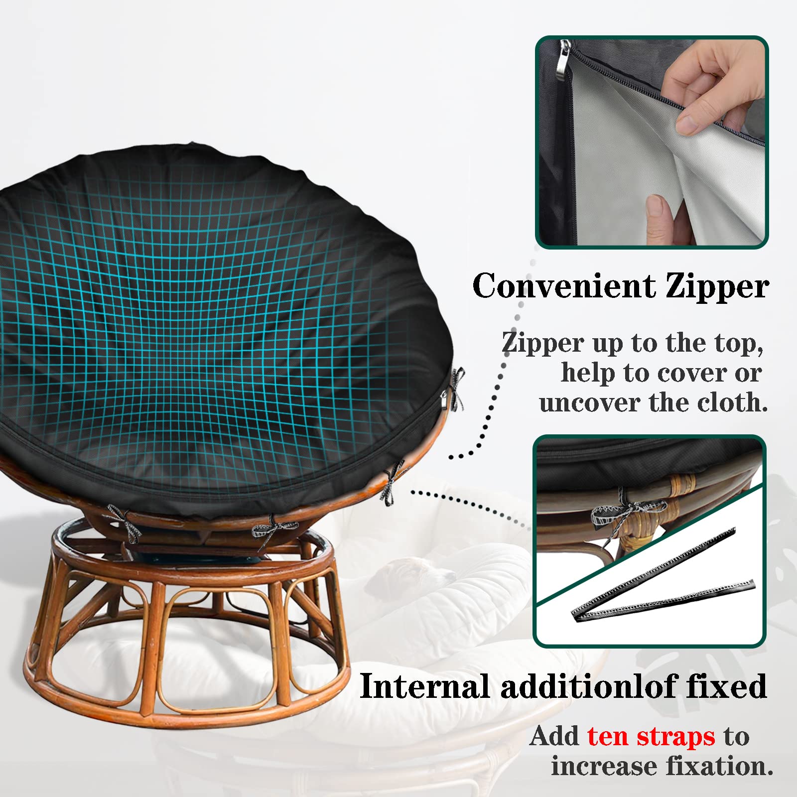 Iceberg Elf Papasan Cushion Cover Waterproof Only,(For 47In-55In Outdoor Indoor Papasan Chair Cushion Covers) Black, Zipper Desi