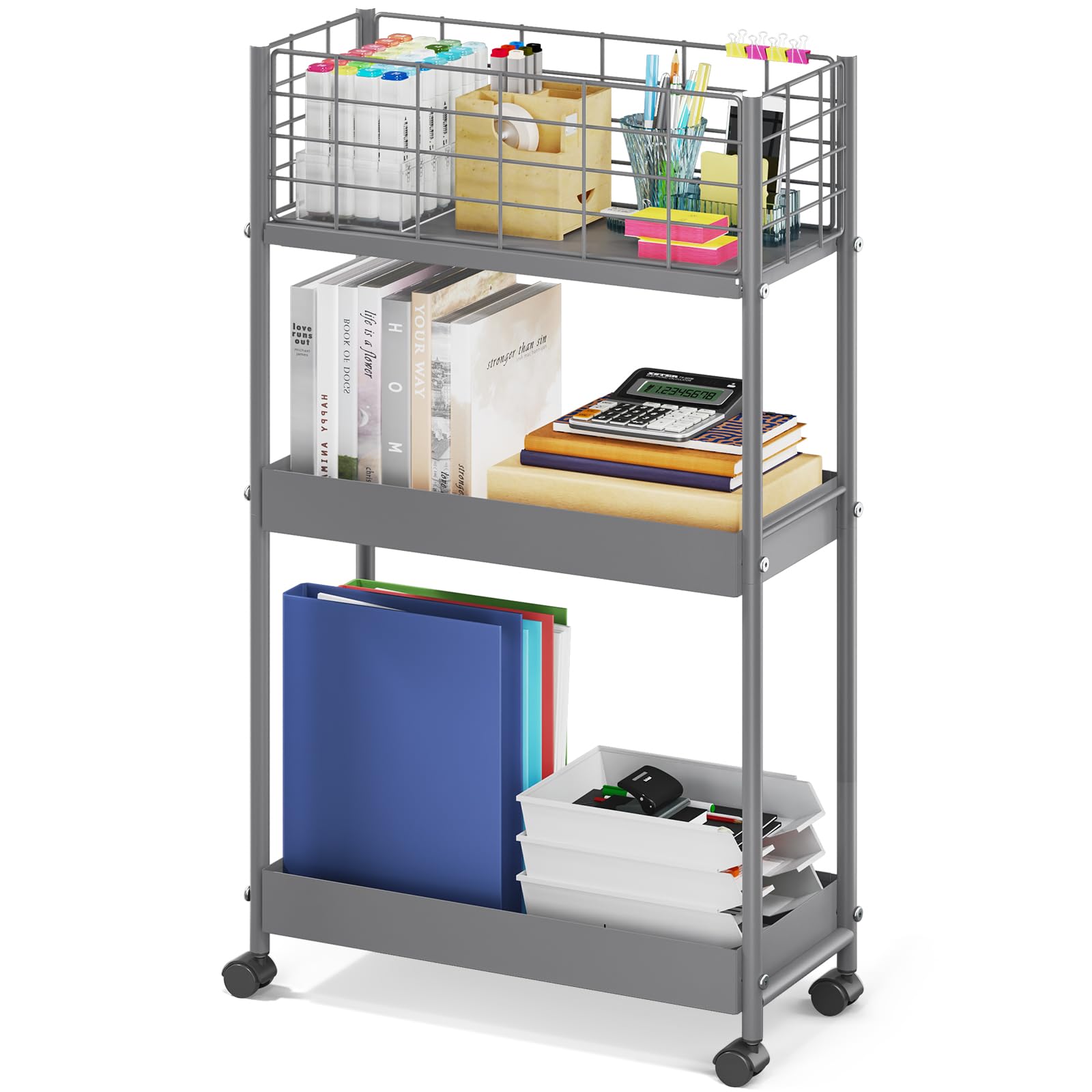 KINGRACK Slim Storage Rolling Cart, 3-Tier Metal Utility Cart with Wheels, Rolling Storage Cart, Skinny Storage Rolling Cart, St
