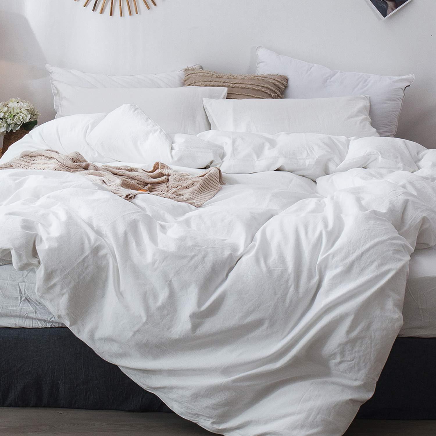 Moomee Bedding Duvet Cover Set 100% Washed Cotton Linen Like Textured Breathable Durable Soft Comfy (Off White, Oversized King)