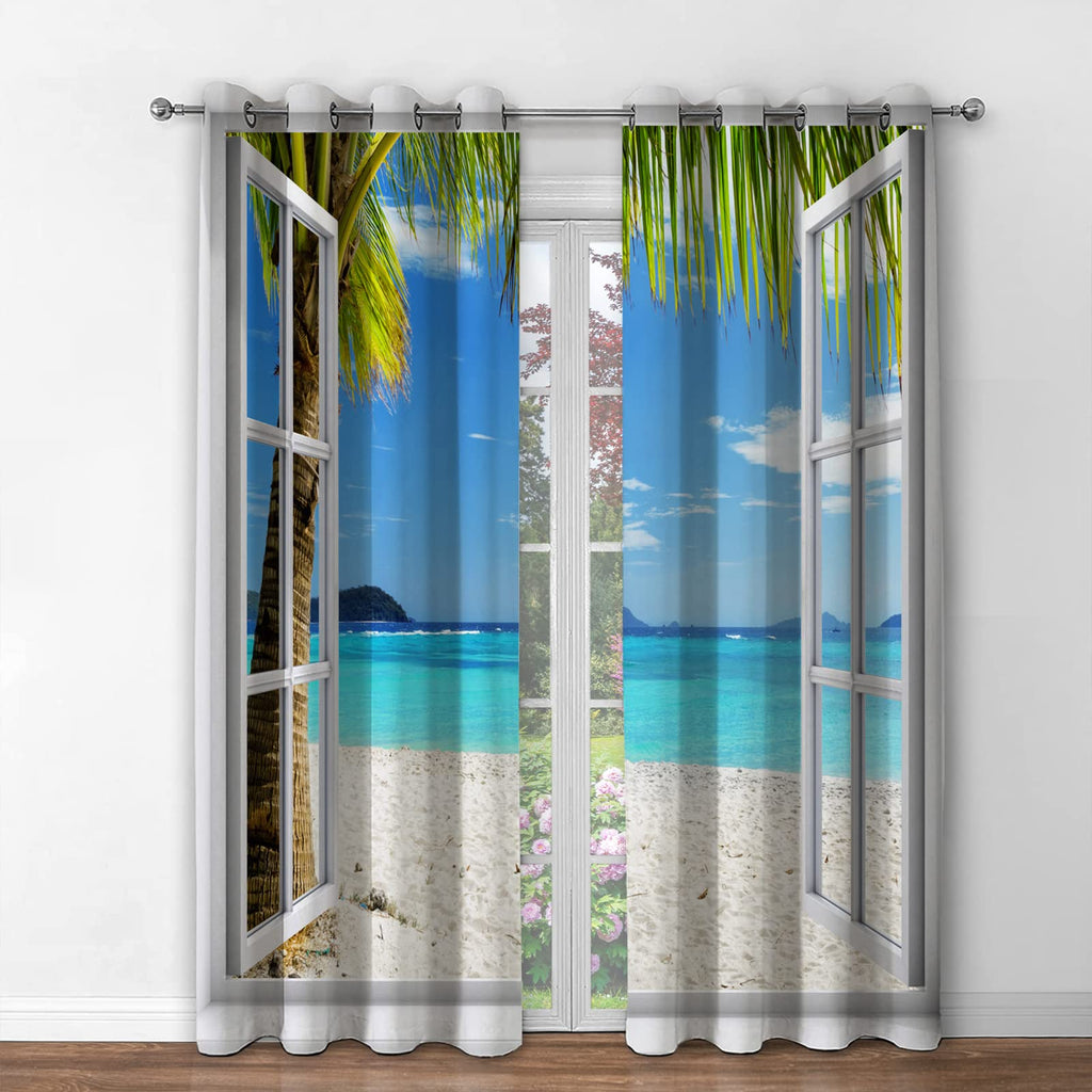 Jekeno Ocean Beach Palm Trees Blackout Curtains Summer Tropical Island Decor Seaside White Wooden Window View Print Grommet Wind