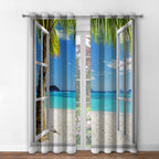 Jekeno Ocean Beach Palm Trees Blackout Curtains Summer Tropical Island Decor Seaside White Wooden Window View Print Grommet Wind