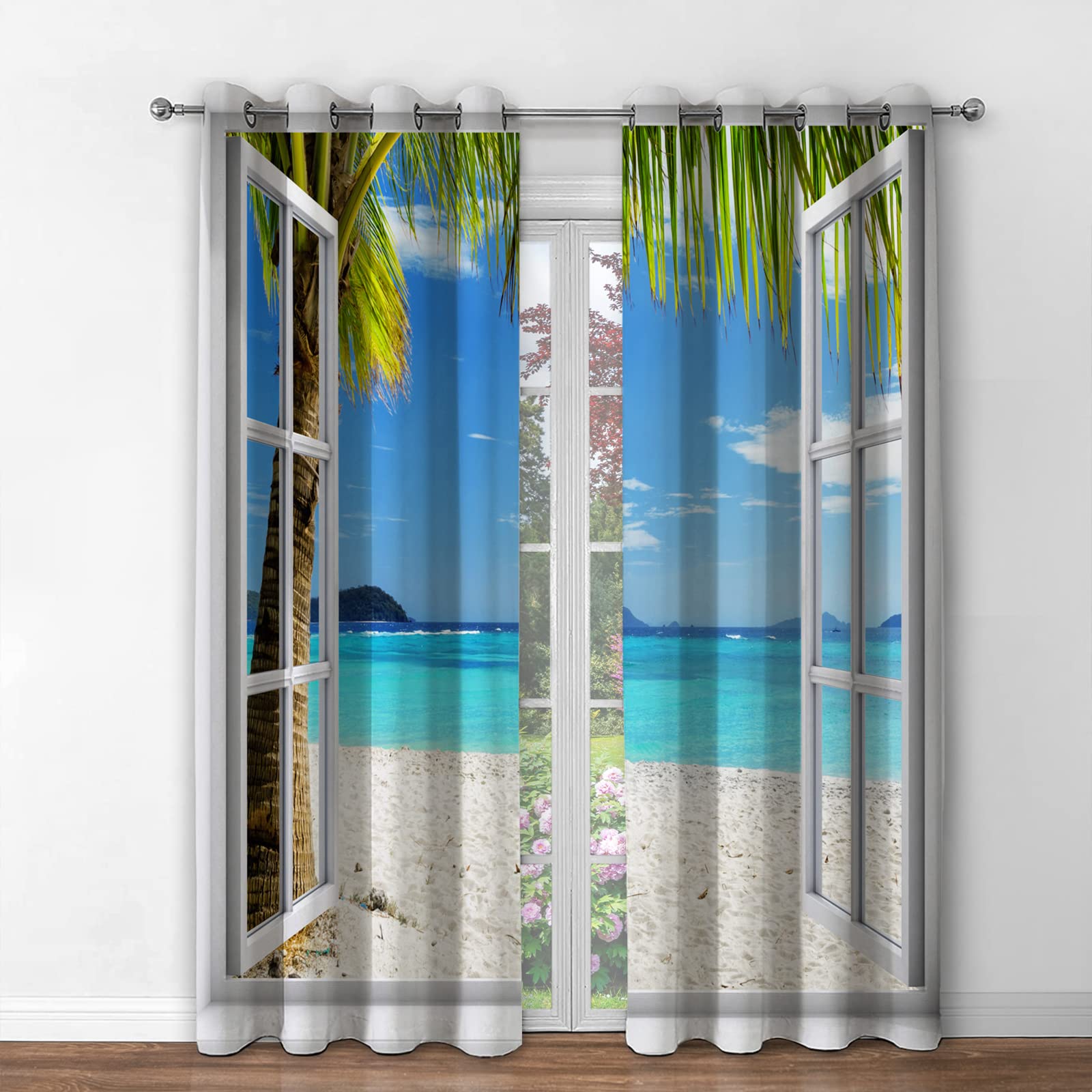Jekeno Ocean Beach Palm Trees Blackout Curtains Summer Tropical Island Decor Seaside White Wooden Window View Print Grommet Wind