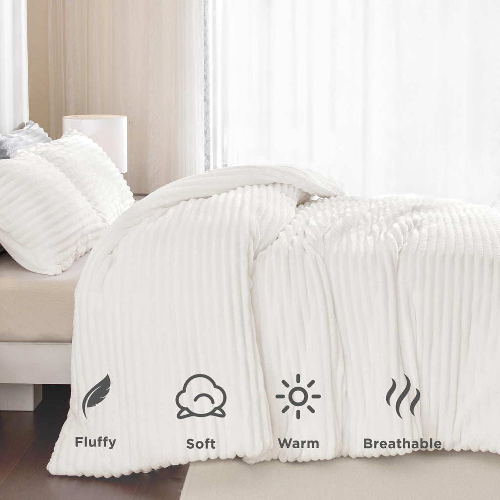Andency Fluffy King Size Comforter Set, Super Soft White Comforter King Size, Winter Warm Fleece Faux Fur Bedding Set, Luxury Pl
