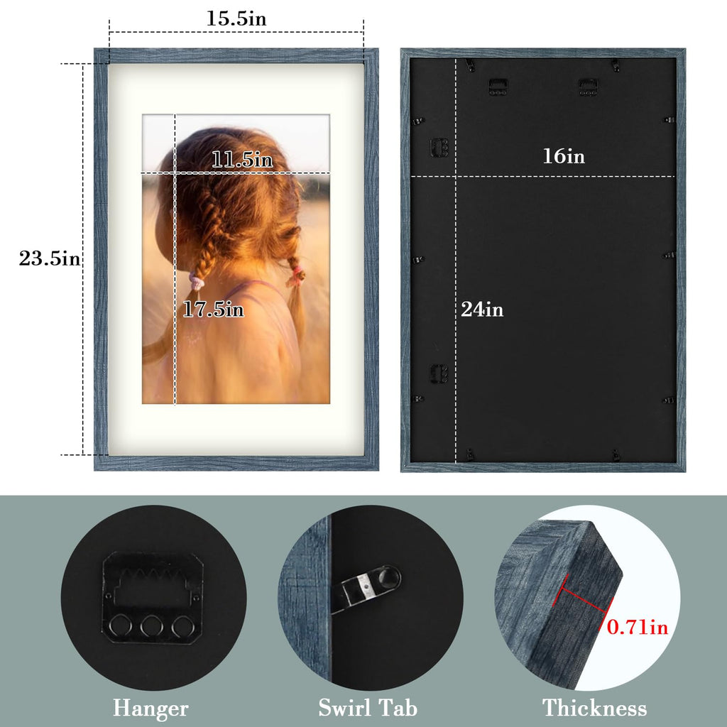 Golden State Art, 16X24 Picture Frame With Mat For 12X18 - High Definition Glass Wall Mounting Horizontal Vertical Display (Blue